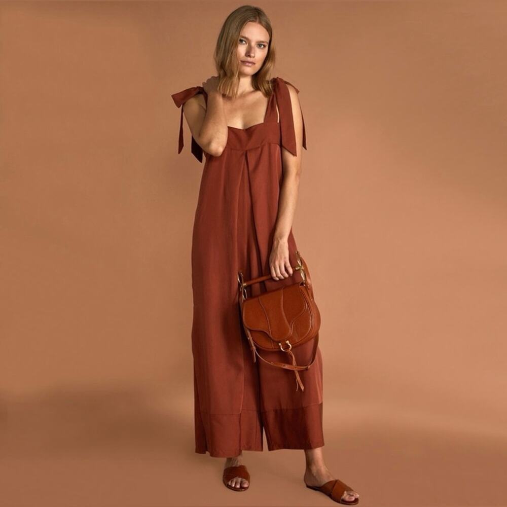 SANCIA The Label Thalita Jumpsuit Romper Shoulder Tie Front Leg SplitRust Medium